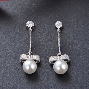 Pearl Earrings for Women Sterling Silver Dangle Earring with Cubic Zirconia